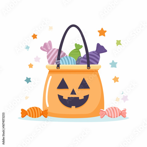 A cute cartoon jack-o'-lantern bucket overflowing with colorful Halloween candy and treats.