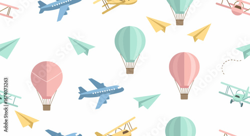 Seamless pattern of pastel hot air balloons, airplanes, and paper planes, flat cartoon style.