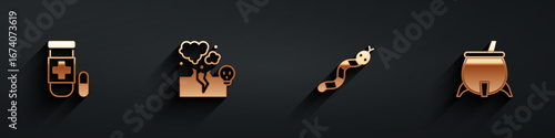 Set Antidote, Poisonous cloud of gas or smoke, Snake and Witch cauldron icon with long shadow. Vector