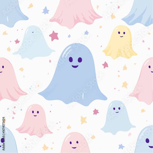 A whimsical seamless pattern featuring cute, friendly ghosts in soft pastel colors, surrounded by tiny stars on a white background.