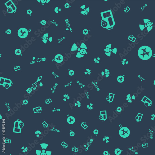 Set Radioactive, Beaker with toxic liquid, Poison on the arrow and Biohazard symbol on seamless pattern. Vector