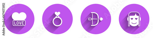 Set Heart, Wedding rings, Bow and arrow and Romantic girl icon with long shadow. Vector