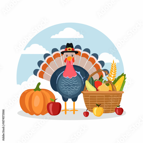 A cartoon turkey in a pilgrim hat stands next to a pumpkin and a basket of harvest fruits and vegetables.
