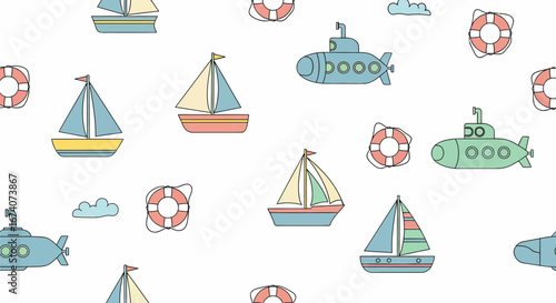 Colorful Cartoon Sailboats and Submarines Pattern.