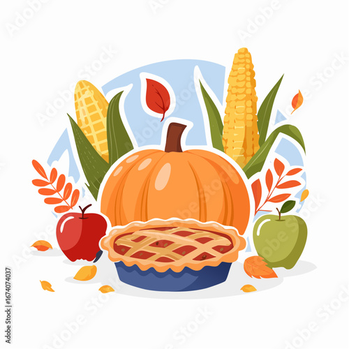 A festive autumn harvest illustration featuring a large pumpkin, a freshly baked pie, corn cobs, and apples.
