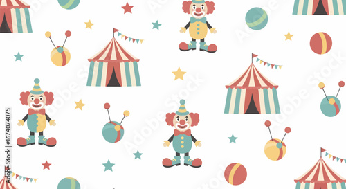 Whimsical seamless pattern featuring colorful striped circus tents, cheerful clowns, and playful balls.