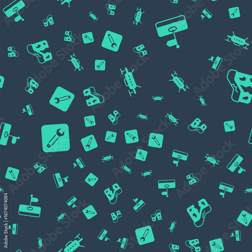Set Drone, Flag, Wrench spanner and Geological fault on seamless pattern. Vector