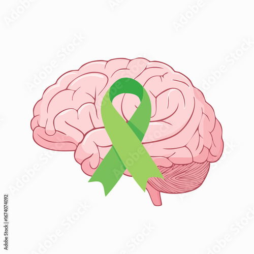 A symbolic illustration of a human brain with a green awareness ribbon, representing mental health, wellness, and support.