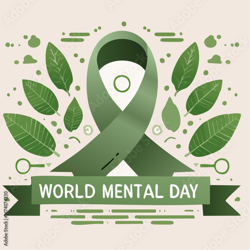 A green awareness ribbon with the text "World Mental Health Day" surrounded by stylized leaves and decorative elements, symbolizing support and recognition for mental well-being.