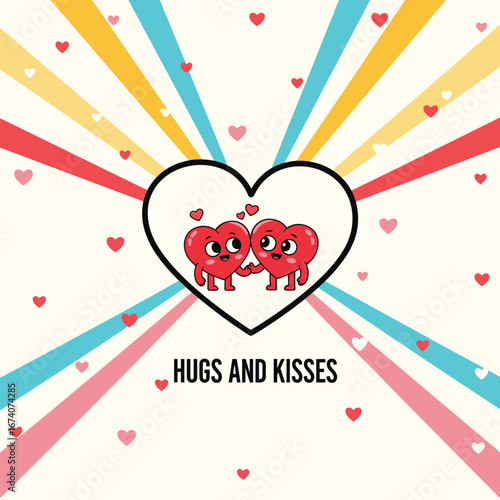 Two adorable cartoon hearts sharing a sweet moment of affection and joyful celebration