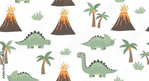 Cute cartoon dinosaur seamless pattern with erupting volcanoes and tropical palm trees.