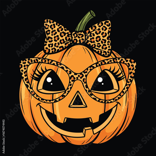 Cute halloween pumpkin wearing leopard print bow tie and glasses on black background