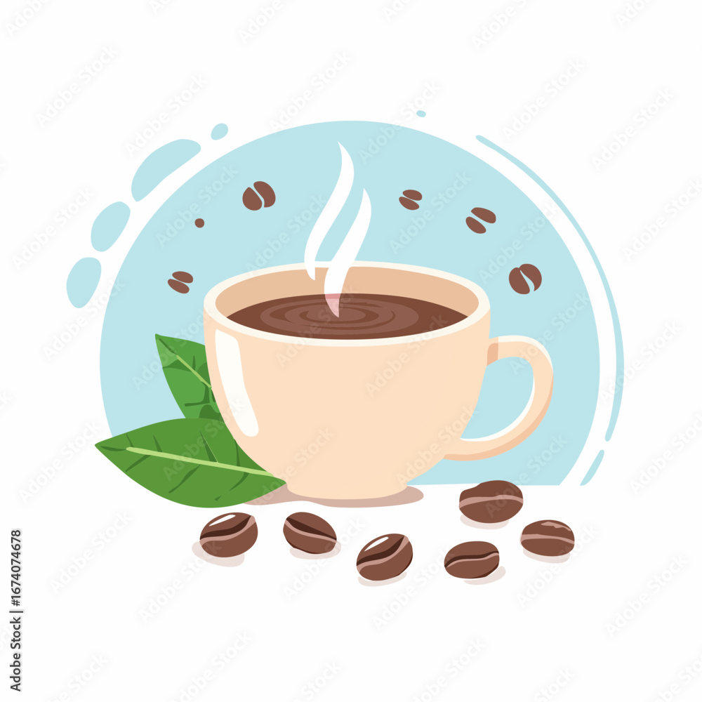 Obraz premium A steaming cup of coffee with scattered beans and fresh green leaves.