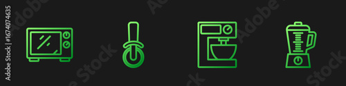 Set line Electric mixer, Microwave oven, Pizza knife and Blender. Gradient color icons. Vector