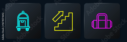 Set line Suitcase, and Stairs up. Black square button. Vector