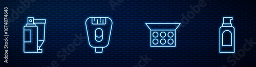 Set line Makeup powder with mirror, Cream lotion cosmetic tube, Epilator and Spray can for hairspray. Glowing neon icon on brick wall. Vector