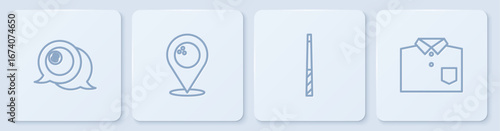 Set line Billiard ball, cue, Location with bowling and Bowling shirt. White square button. Vector
