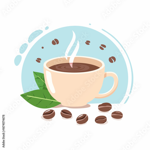 A steaming cup of coffee with scattered beans and fresh green leaves.