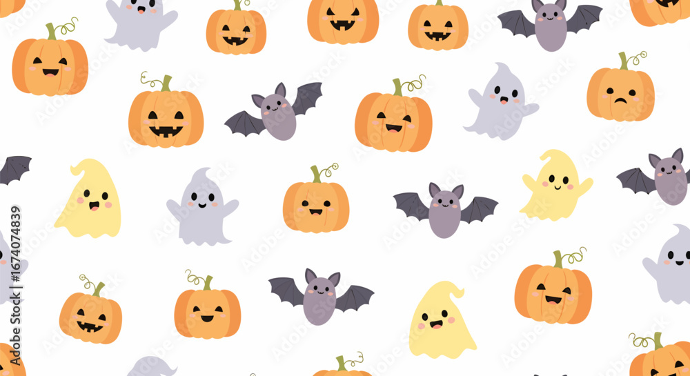 Obraz premium Cute Halloween Pattern with Pumpkins, Ghosts, and Bats.