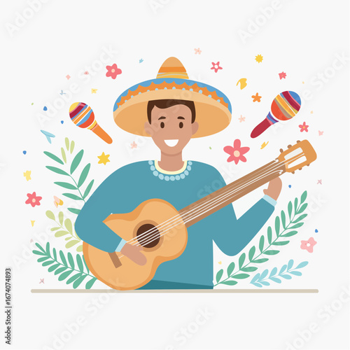 A cheerful man in a sombrero plays guitar, surrounded by maracas and festive floral elements.
