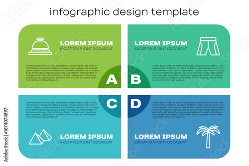 Set line Egypt pyramids, Hotel service bell, Tropical palm tree and Short or pants. Business infographic template. Vector