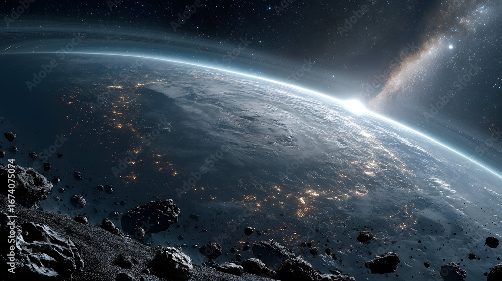 Fototapeta premium earth, planet, globe, space, world, map, night, blue, 3d, sun, sphere, global, universe, sea, atmosphere, light, ocean, europe, sky, astronomy, nature, stars, sunrise, continent, science