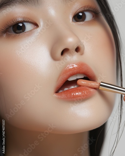 Close-up view of a woman applying glossy lipstick, showcasing her radiant skin and makeup technique