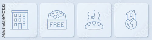 Set line Multi storey building, Donation food, and Shelter for homeless. White square button. Vector