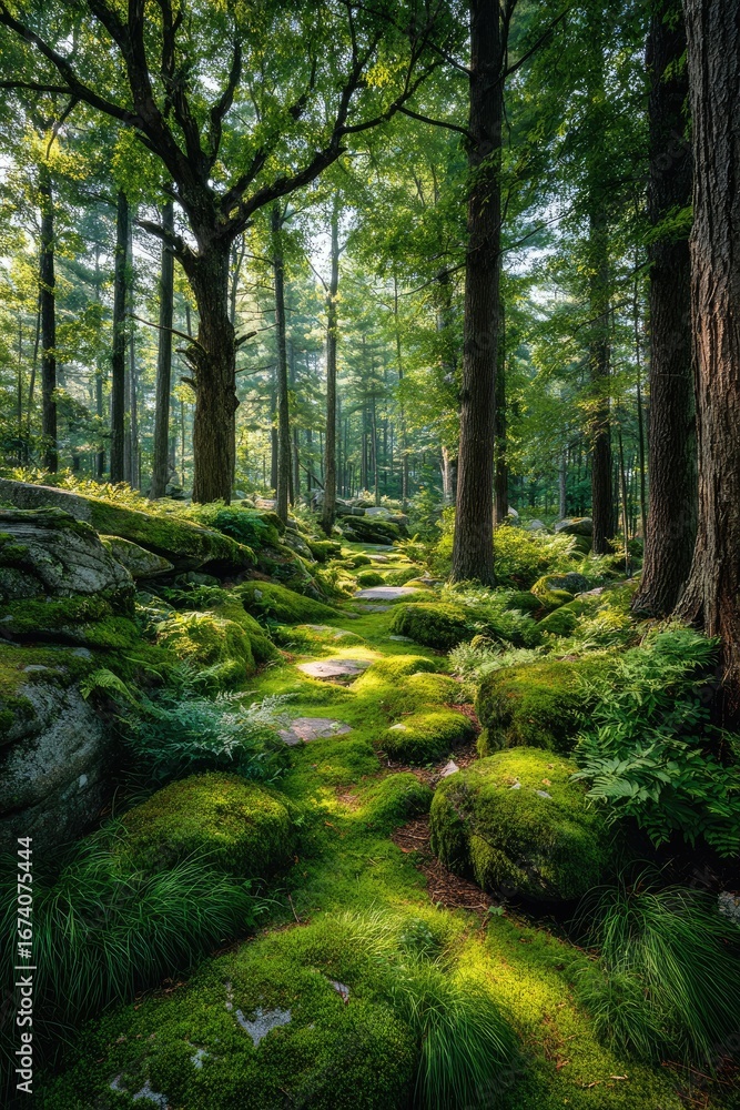 Fototapeta premium Sunlit forest path through mossy rocks