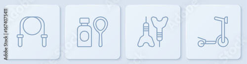 Set line Jump rope, Dart arrow, Soap bubbles bottle and Roller scooter. White square button. Vector