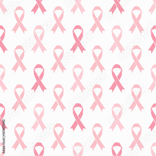 Seamless pattern of pink ribbons, a symbol of breast cancer awareness, scattered on a white background.