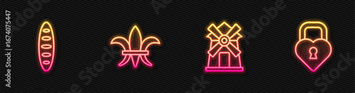 Set line Windmill, French baguette bread, Fleur De Lys and Castle the shape of heart. Glowing neon icon. Vector