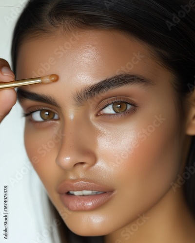 A woman enhances her natural beauty by applying makeup with precision and focus in bright light