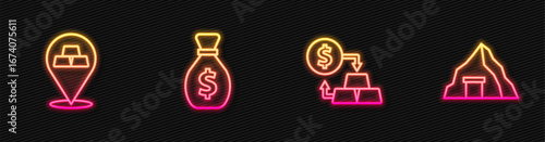 Set line Gold exchange money, bars, Old bag and mine. Glowing neon icon. Vector