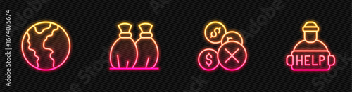 Set line No money, Global economic crisis, Garbage bag and Help homeless. Glowing neon icon. Vector
