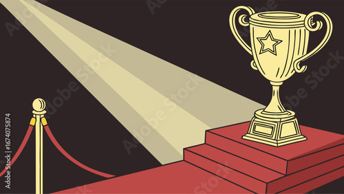 A Golden Trophy on a Red Carpet Under Spotlight.