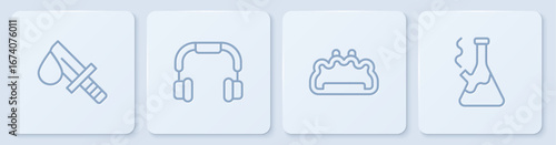 Set line Bloody knife, Brass knuckles, Headphones and Glass bong for smoking marijuana. White square button. Vector