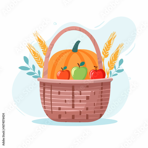 A wicker basket filled with an autumn harvest of a pumpkin, three colorful apples, and wheat stalks.
