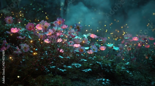 A field of pink flowers with glowing lights in the background