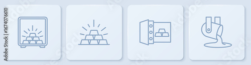 Set line Safe with gold bars, Gold and Molten being poured. White square button. Vector