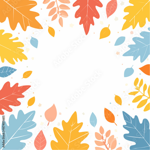 A colorful frame of stylized autumn leaves in orange, yellow, red, and blue, creating a circular border with a white center for copy space.