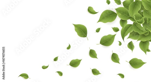 Wallpaper Mural Green leaves scattered across a white background, creating a sense of movement and freshness, isolated on white background Torontodigital.ca