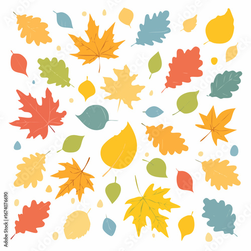 A vibrant and colorful collection of stylized autumn leaves, including maple and oak, scattered on a white background.