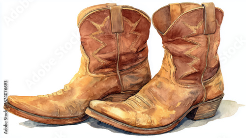Vector illustration, watercolor clipart of vintage cowboy boots, on white background