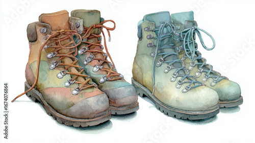 Vector illustration, watercolor clipart of vintage hiking boot, on white background
