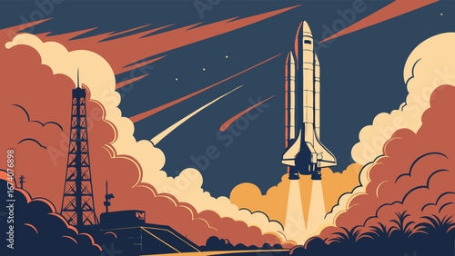 Retro Space Shuttle Launch Vintage Spacecraft Ascending Through Clouds Space Exploration Illustration.