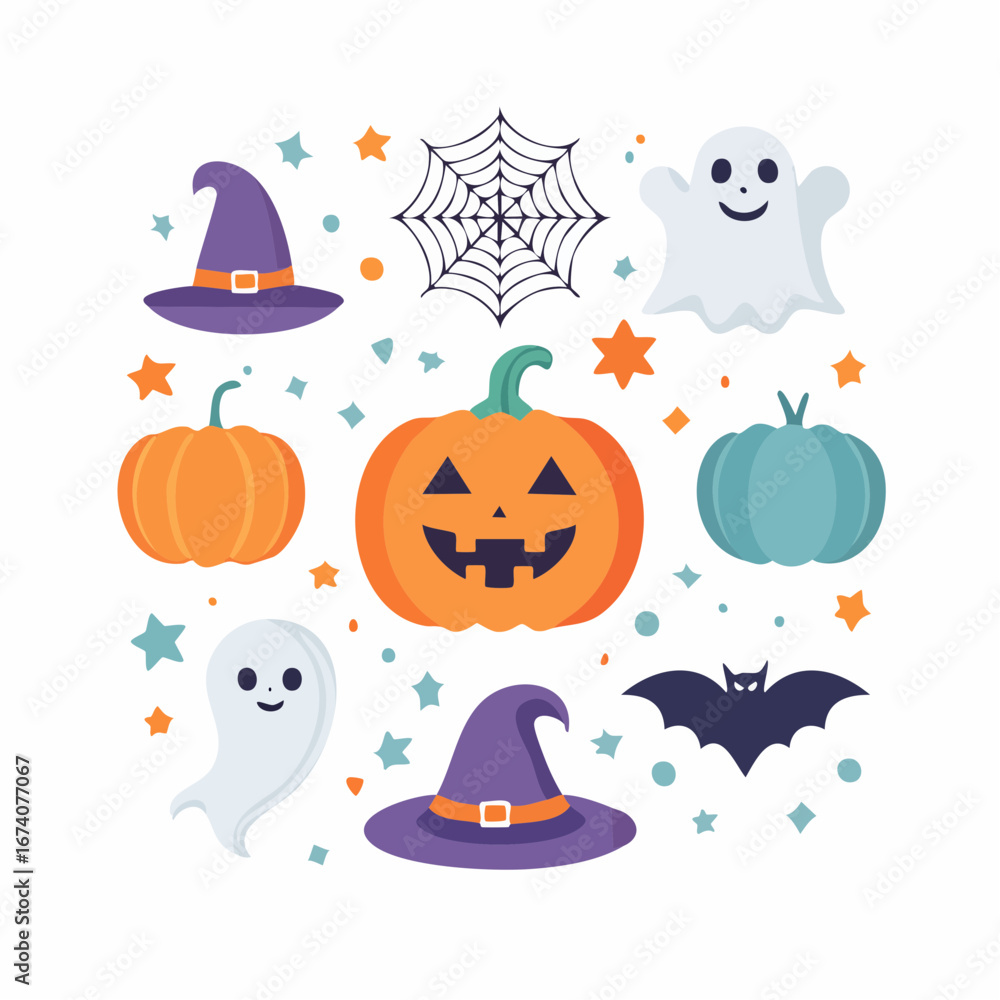 Obraz premium A cheerful collection of Halloween icons including carved pumpkins, friendly ghosts, witch hats, a bat, and a spiderweb, all set against a backdrop of colorful stars.