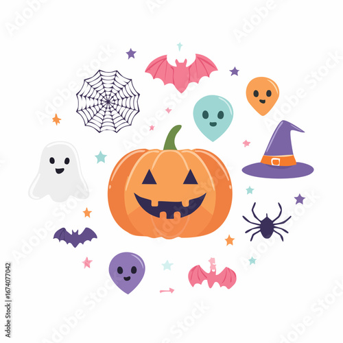 A cheerful collection of Halloween icons including a carved pumpkin, ghost, bats, spiders, witch hat, and stars arranged in a circular pattern.