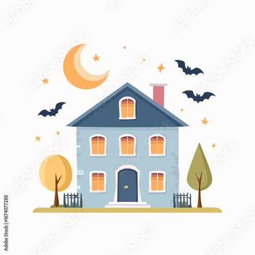 A charming two-story house illuminated at night under a crescent moon and stars, with bats flying around and trees in the foreground.