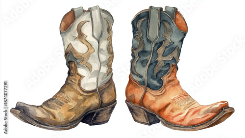 Vector illustration, watercolor clipart of vintage cowboy boots, on white background